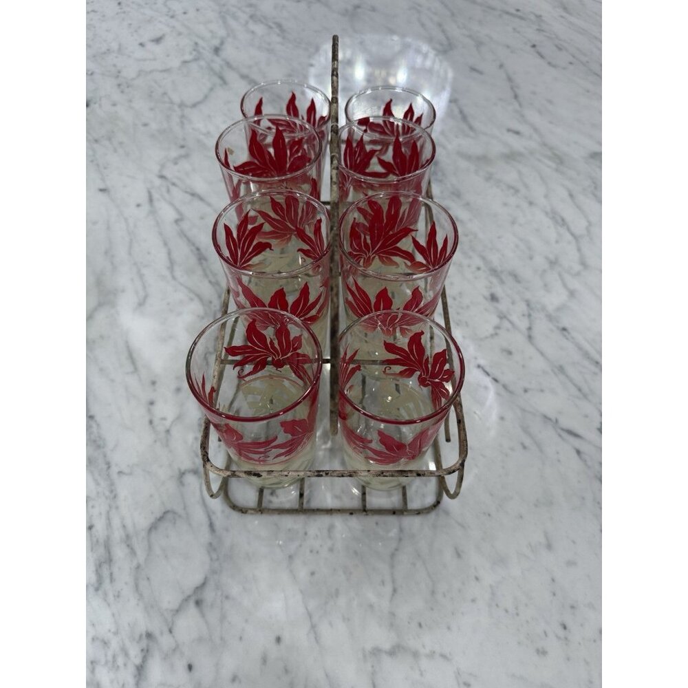 MCM Vintage Federal Beverage Glasses Red Leaves & White Lattice With Caddy RARE - Picture 5 of 6